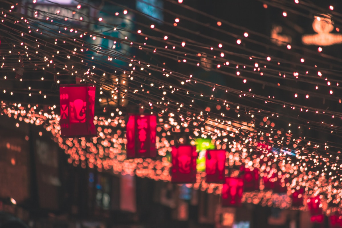 Festive string lights and decorations representing Diwali season shopping