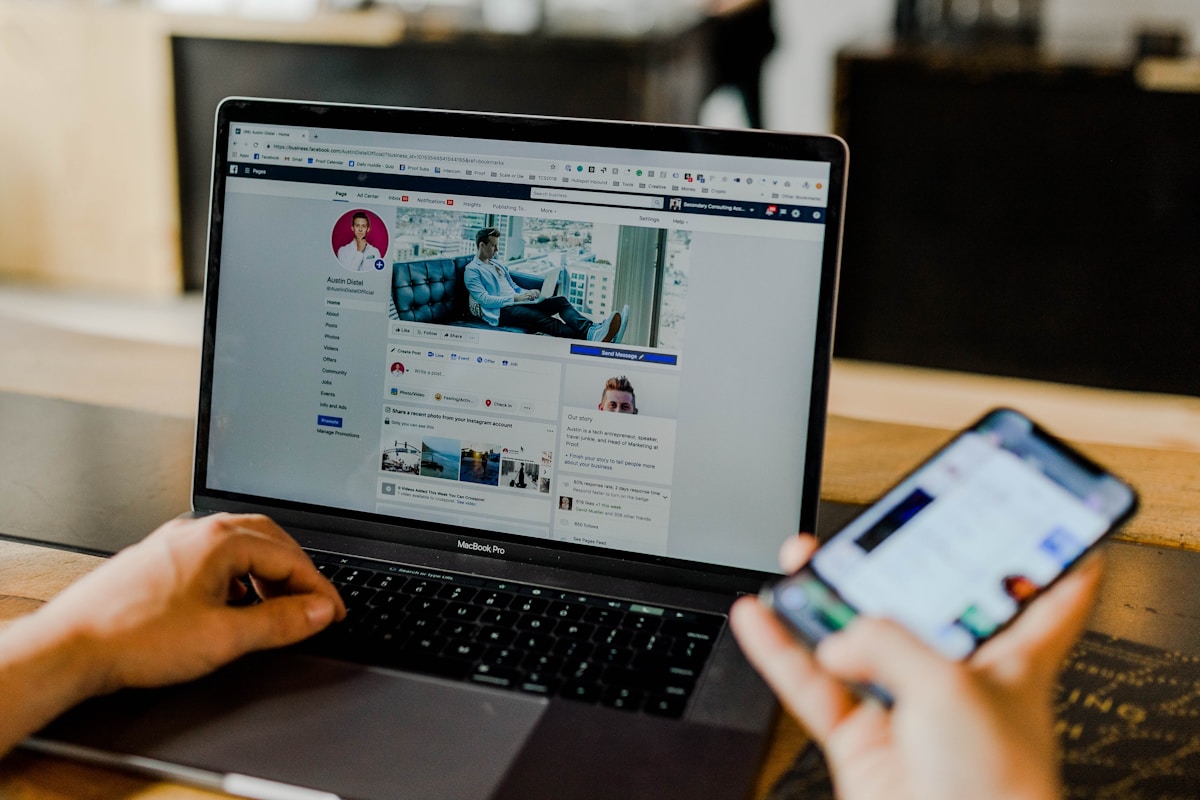 Split-screen image of a laptop showing search engine results next to a phone showing a social media feed