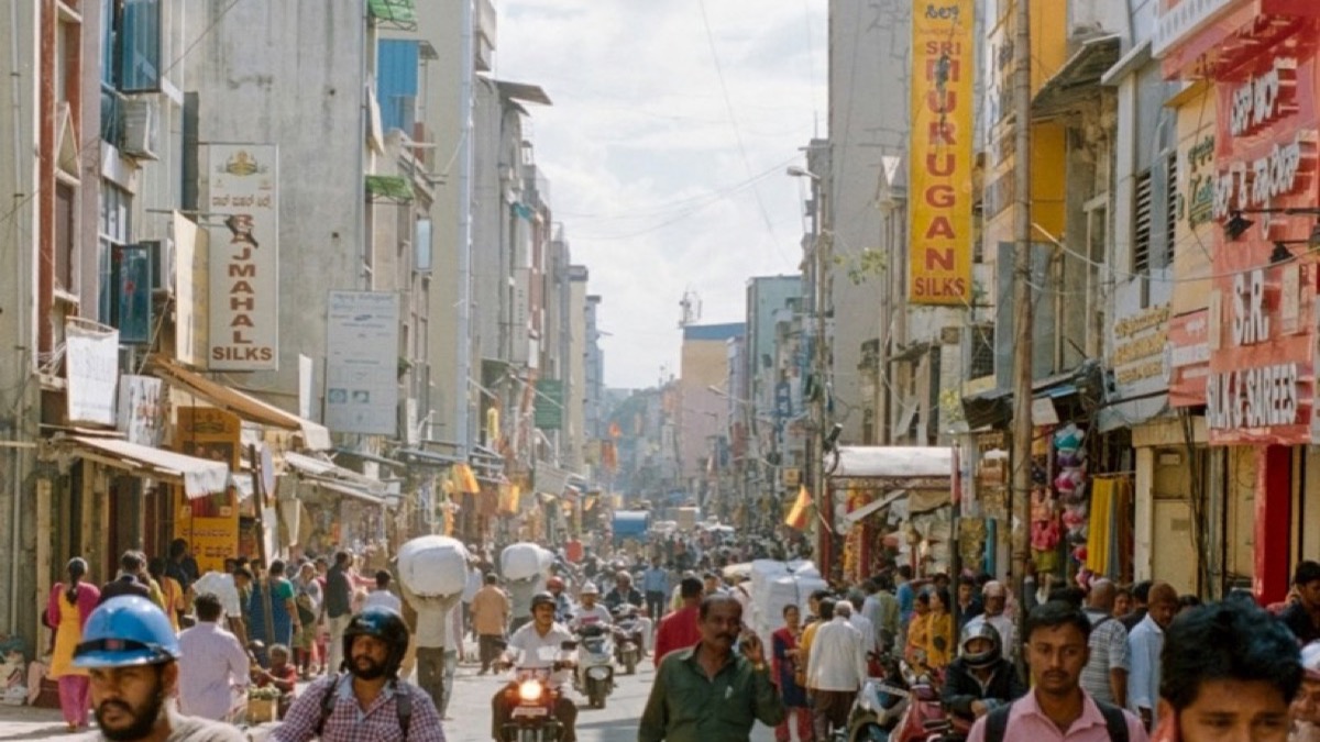 Busy street market in a smaller Indian city representing a growing local business hub