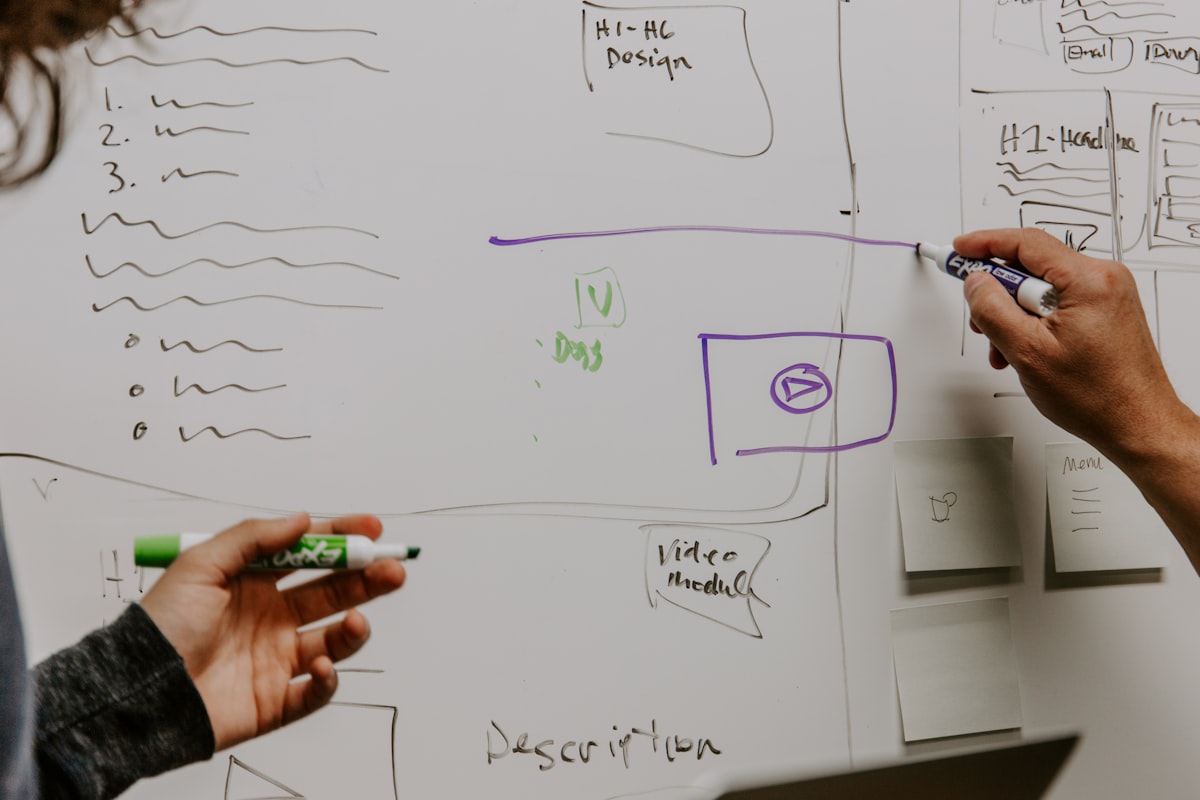 Two people collaborating at a whiteboard in a professional setting