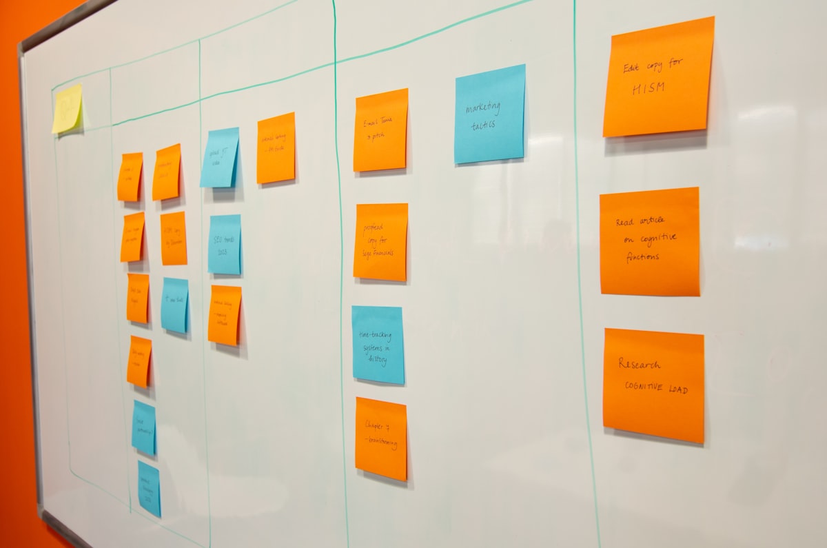 Project planning on a whiteboard with sticky notes organized by columns