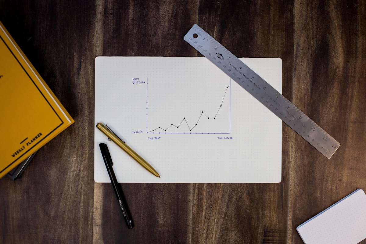 Hand-drawn line graph on paper with a ruler and pens