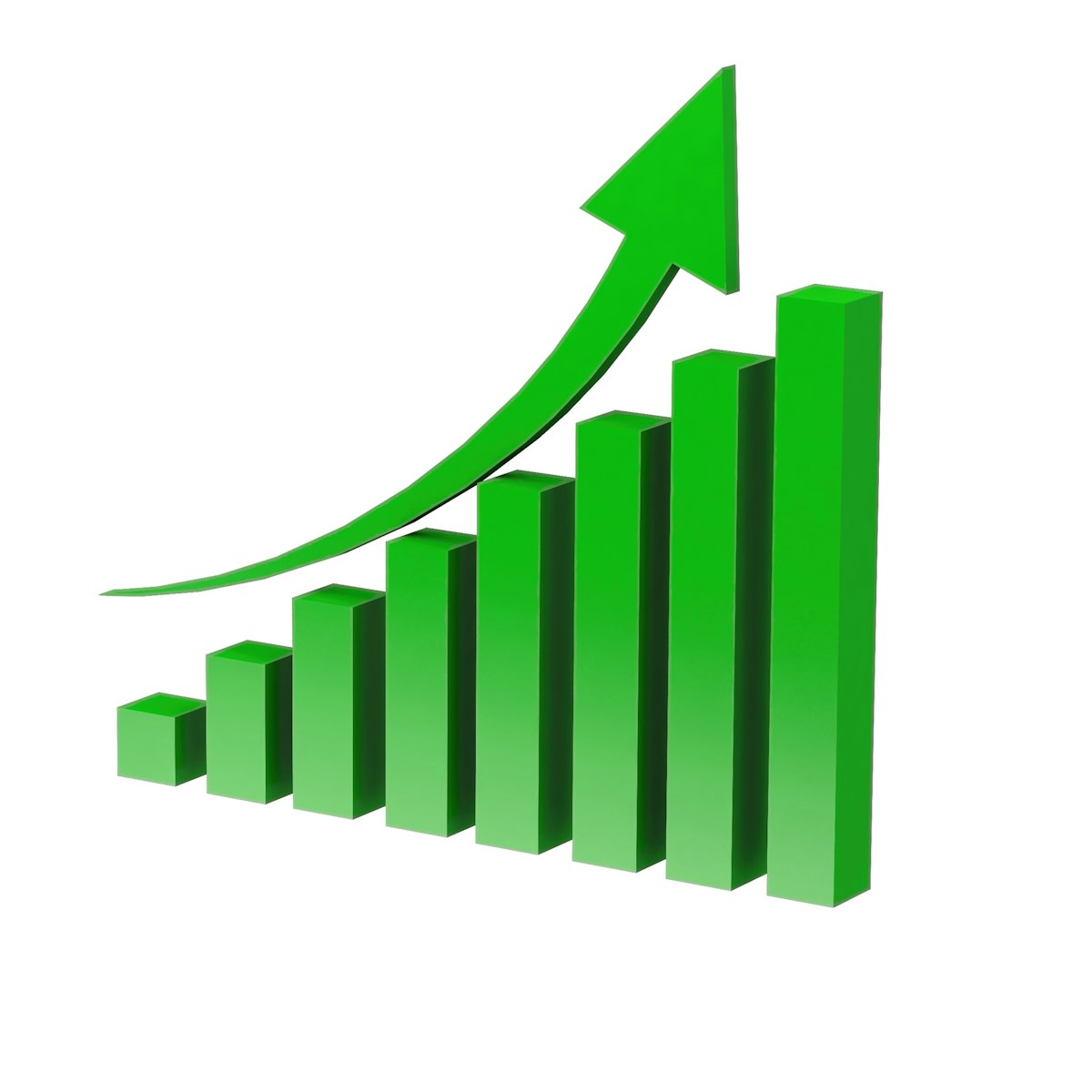 Green 3D bar chart with an upward trending arrow